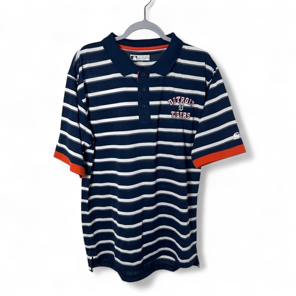 True Fan MLB Mens Large Detroit Tigers Embroidered Short Sleeve Button Up Polo